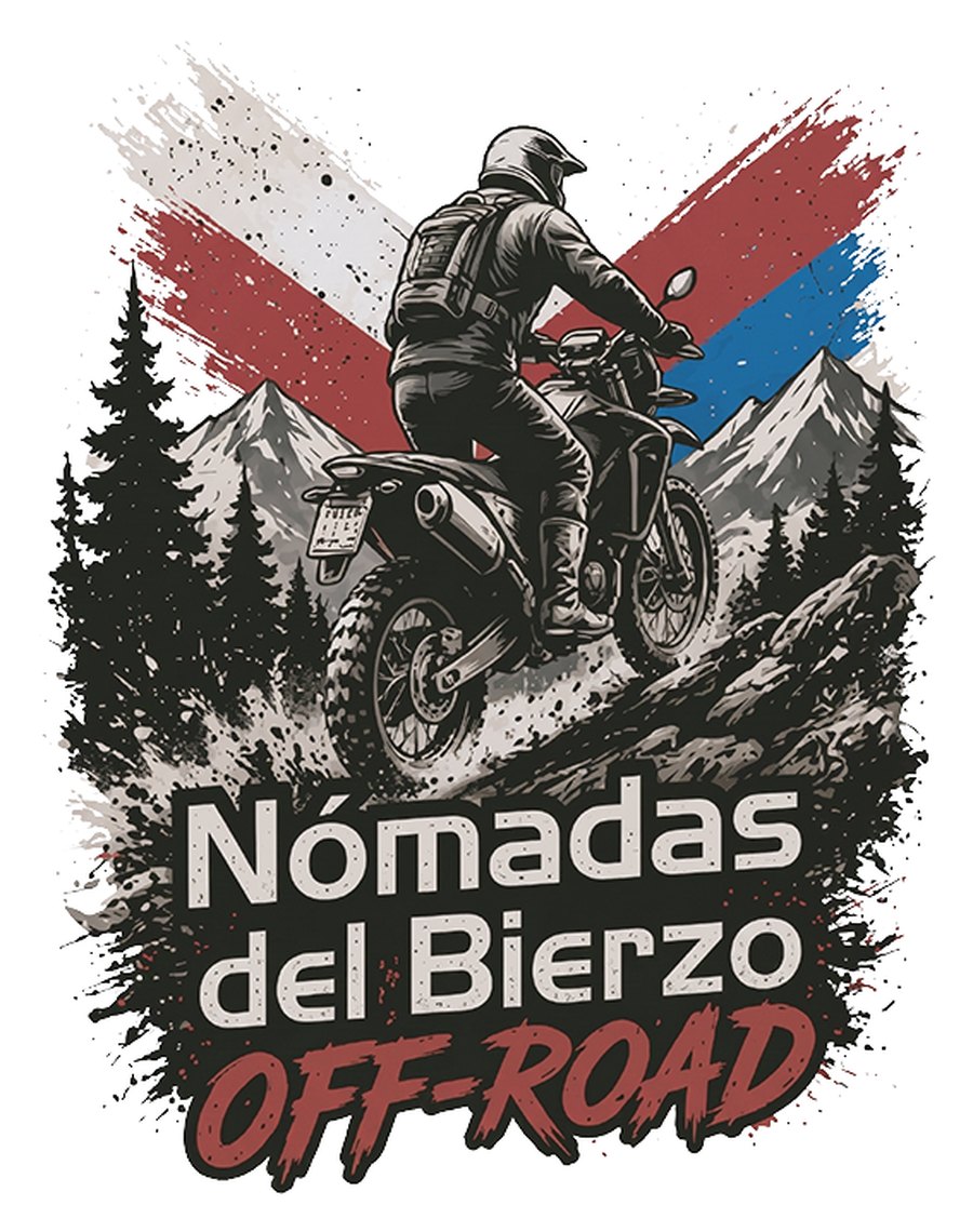 Ilustración off-road de Nómadas del Bierzo generada con inteligencia artificial: negros lavados, rojo apagado y azul desaturado.